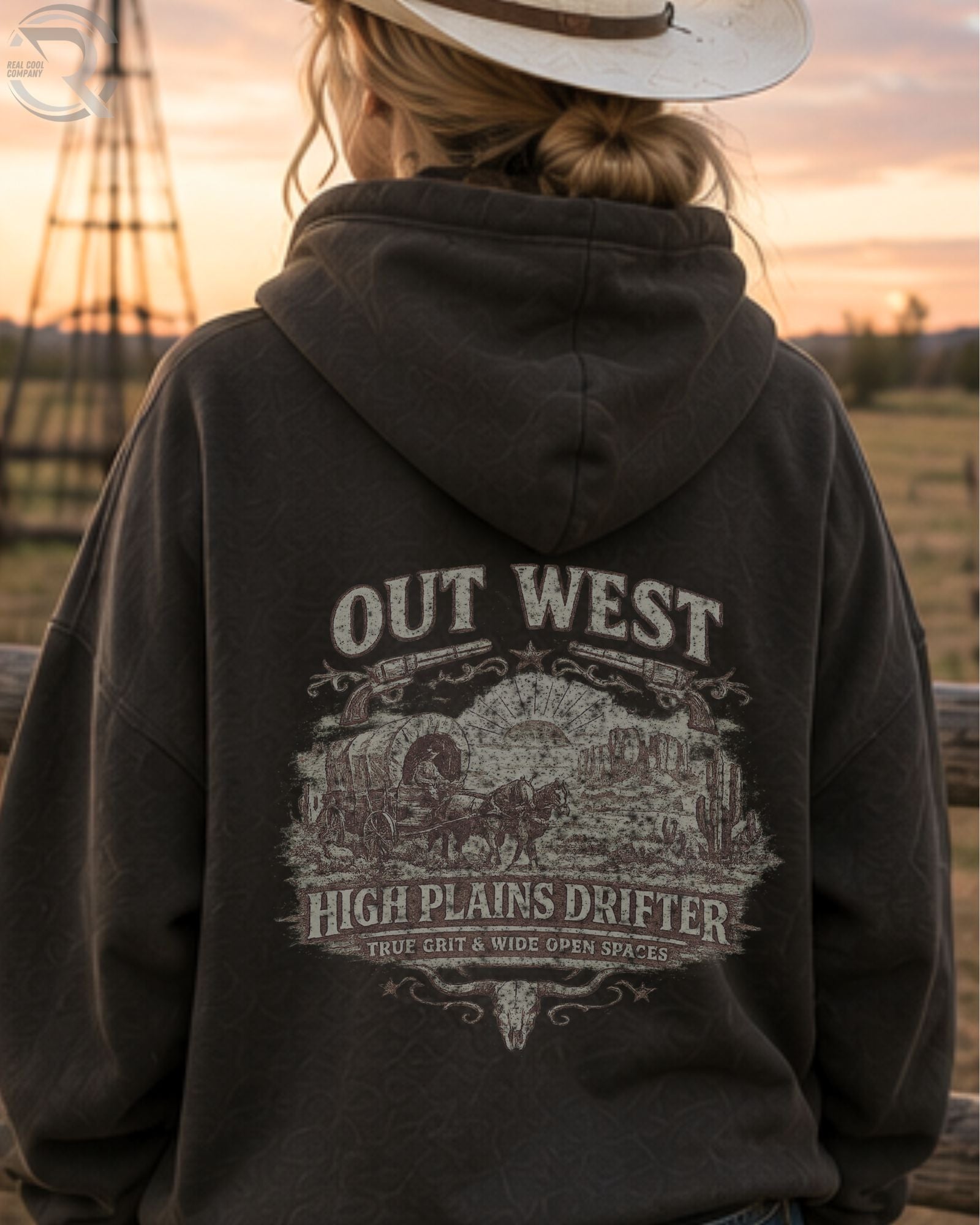 Vintage Out West High Plains Drifter western graphic hoodie with cowboy desert artwork
