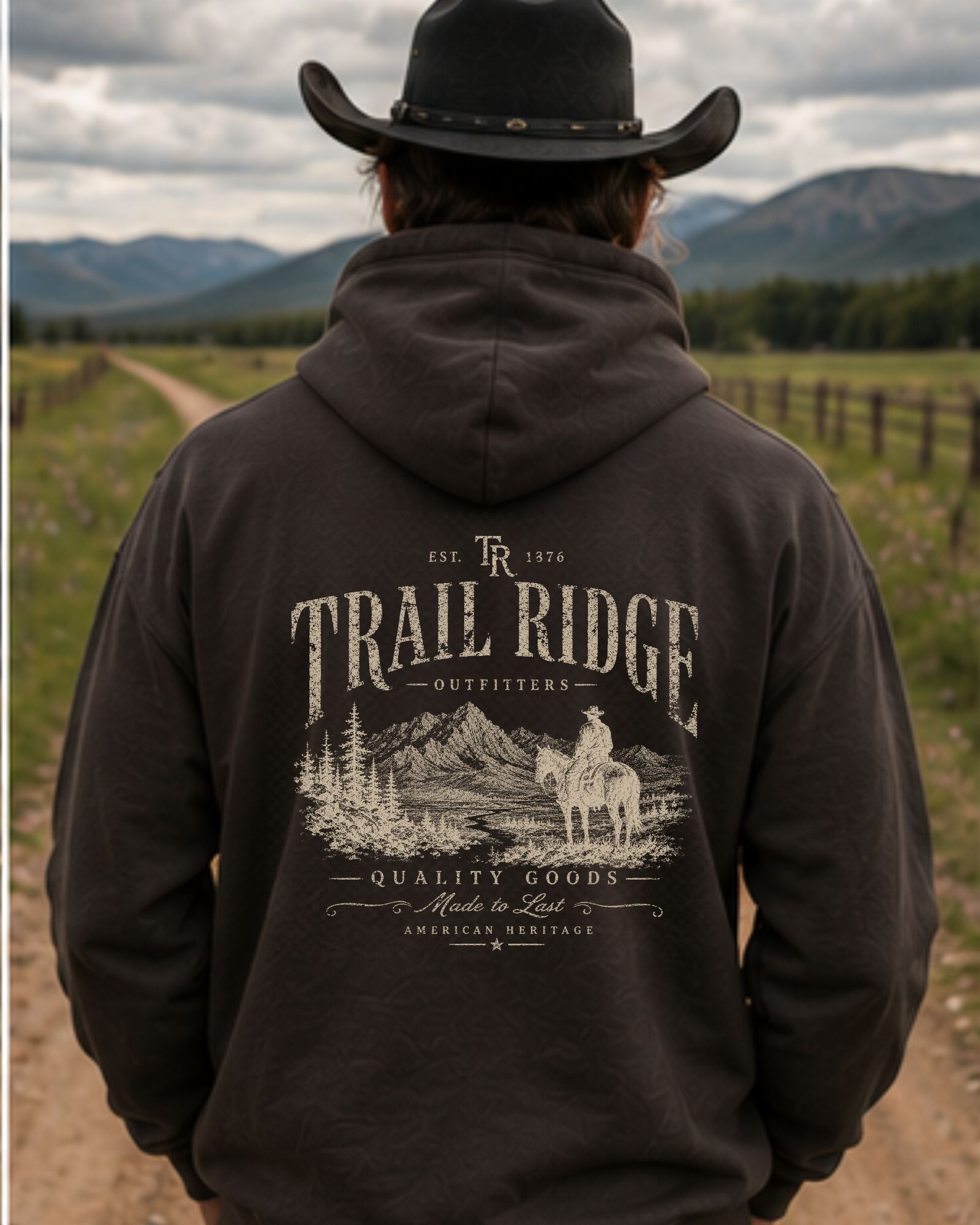 Vintage Trail Ridge Outfitters western graphic hoodie with mountain cowboy artwork
