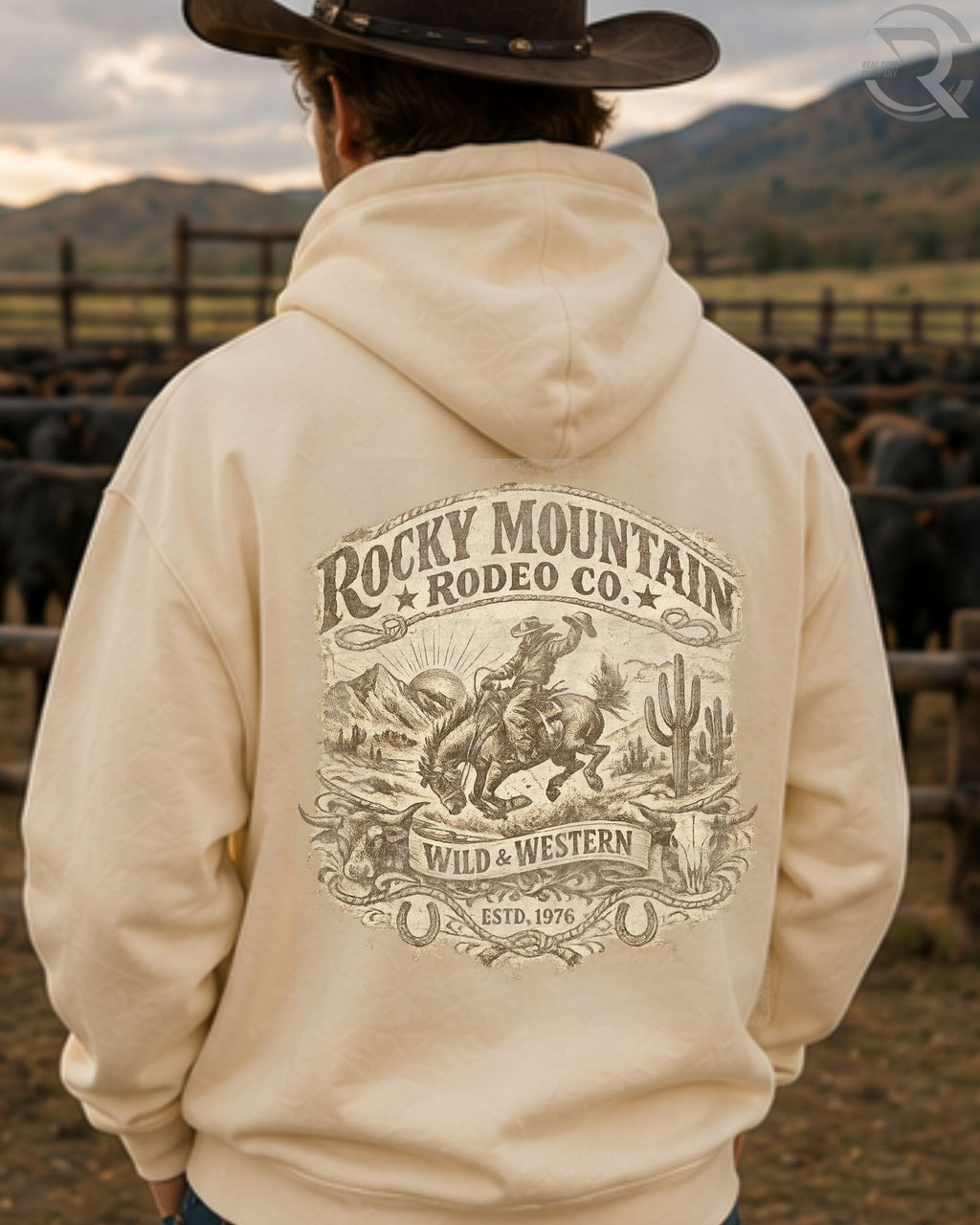 Vintage Rocky Mountain Rodeo Co western graphic hoodie with bronc rider artwork
