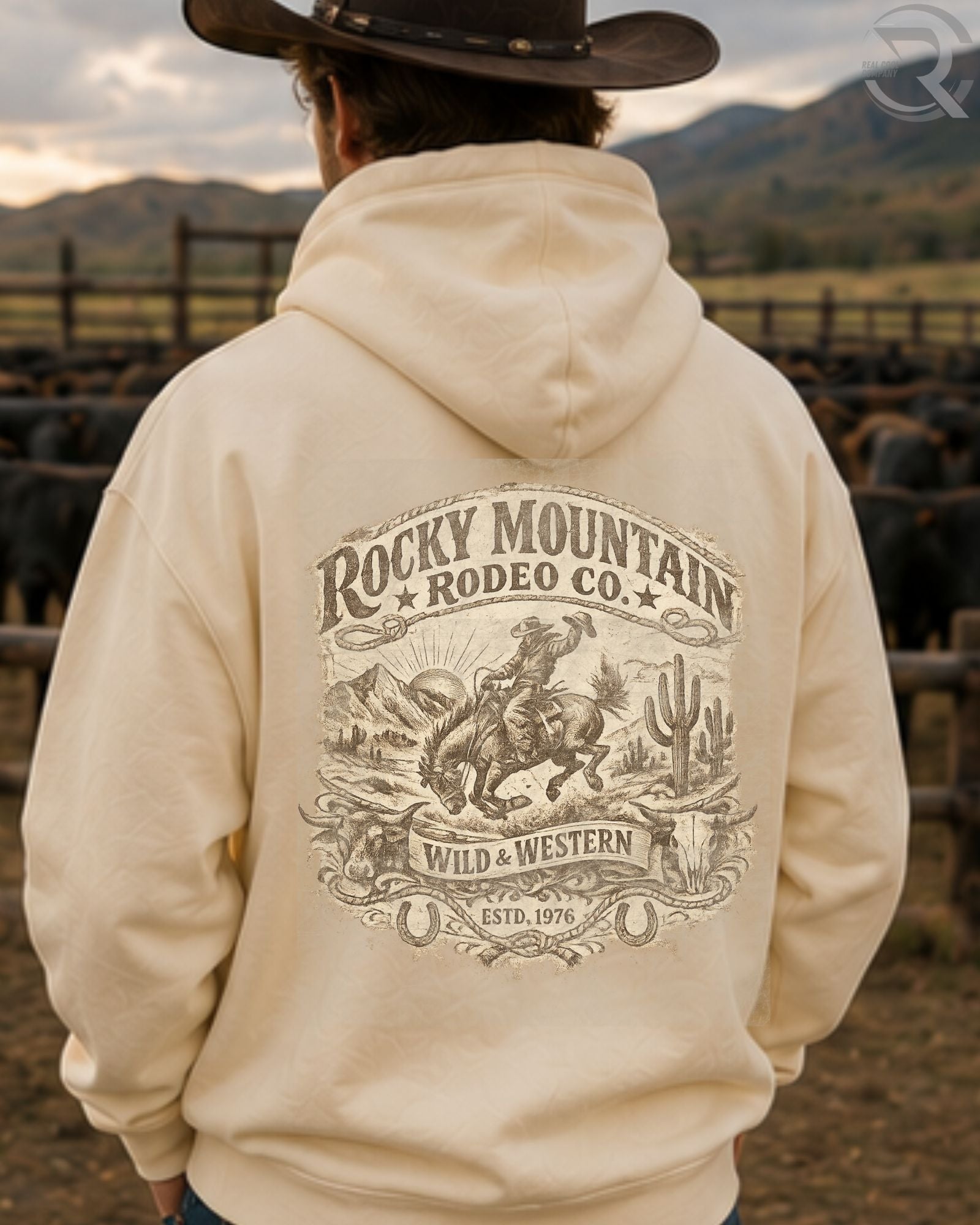 Vintage Rocky Mountain Rodeo Co western graphic hoodie with bronc rider artwork