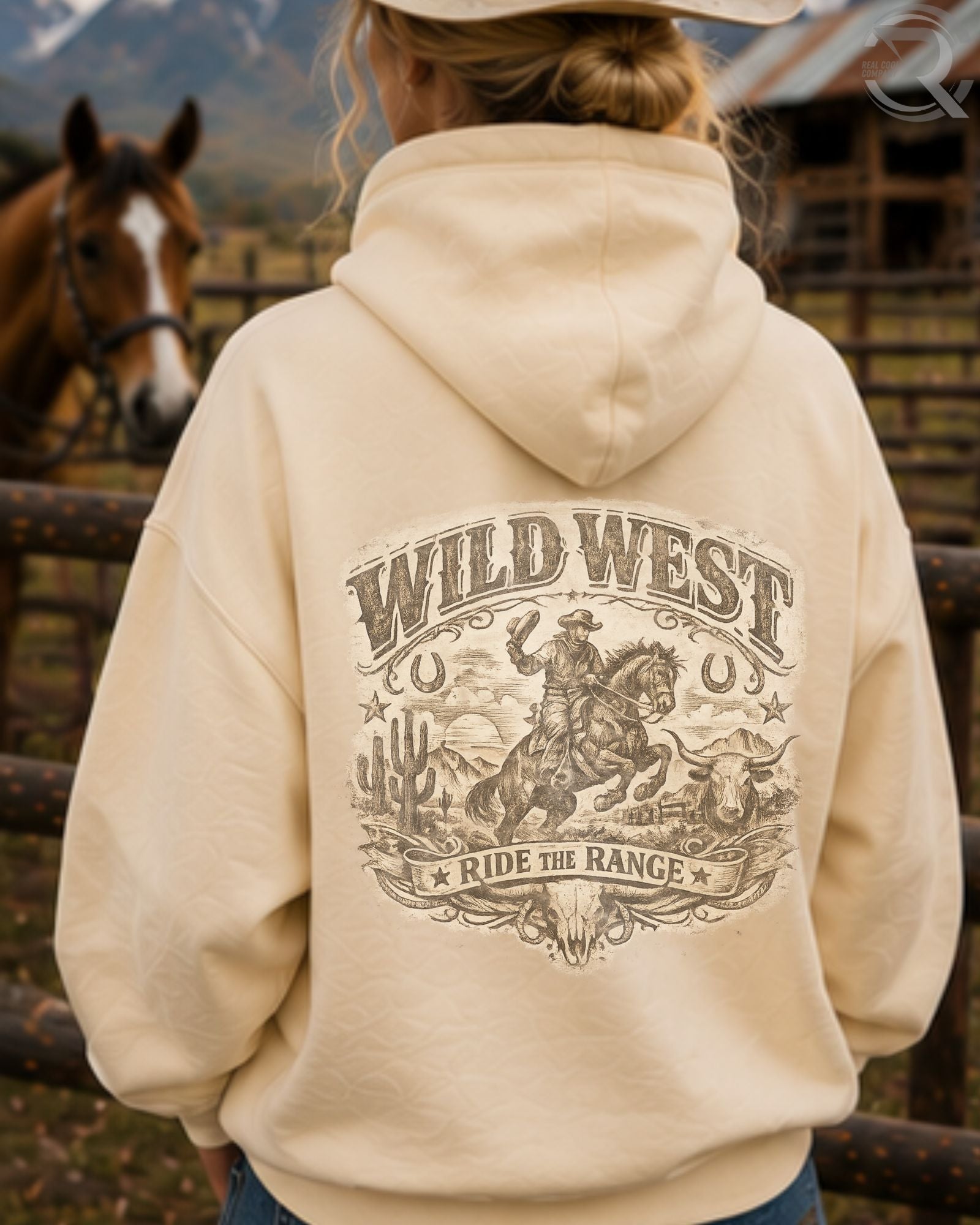 Vintage Wild West Ride The Range western graphic hoodie with cowboy rider artwork