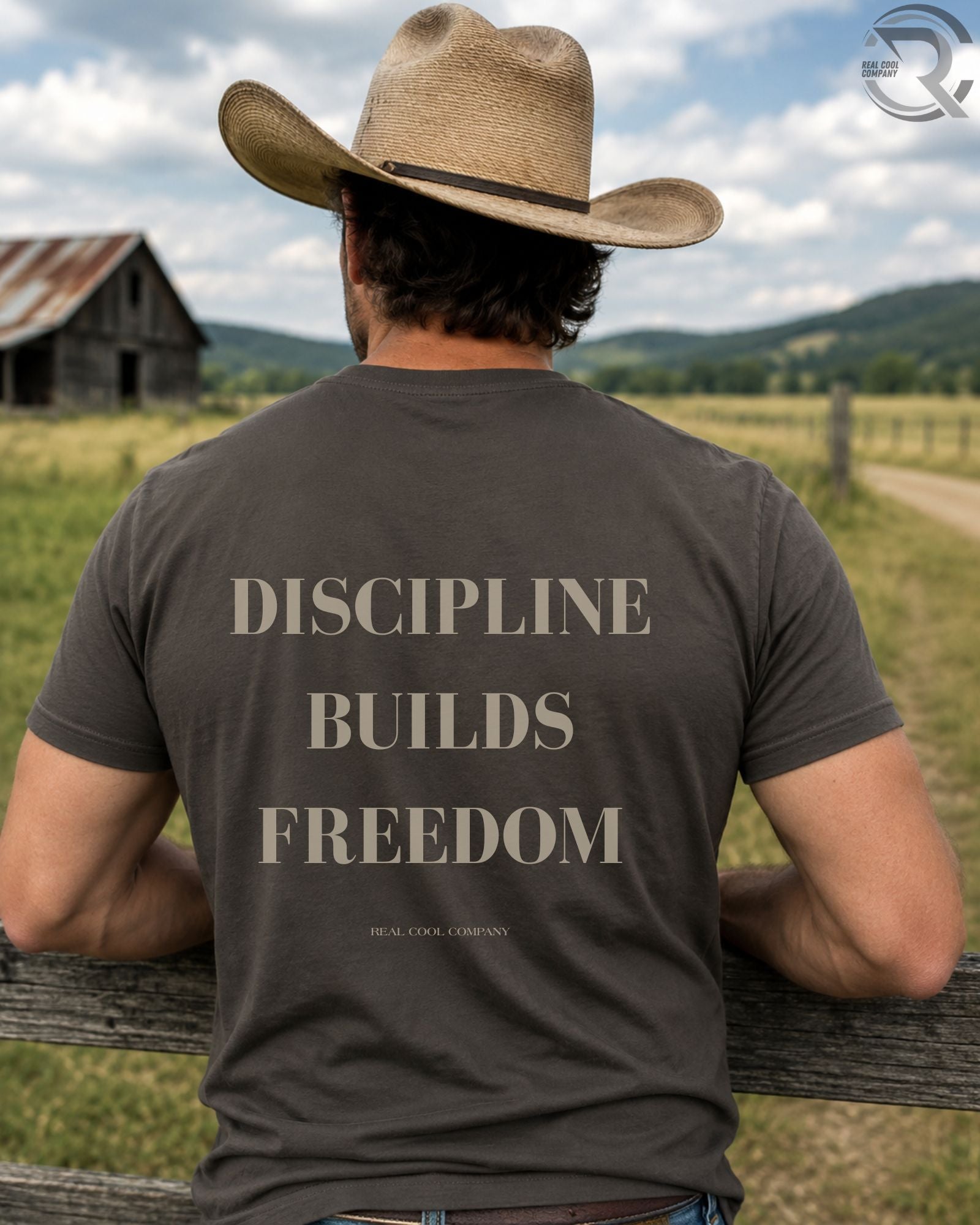 Cowboy wearing Discipline Builds Freedom western graphic tee in country setting