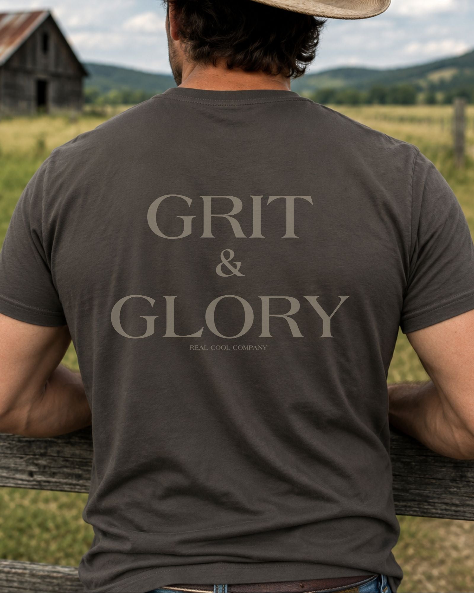 Cowboy wearing Grit and Glory western graphic tee on horseback at sunset