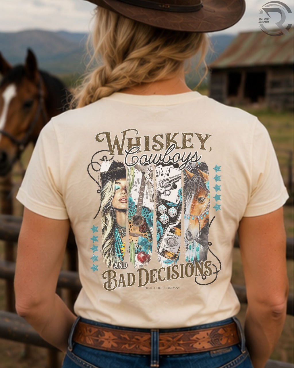 Cowgirl wearing Whiskey Cowboys and Bad Decisions western graphic tee on ranch